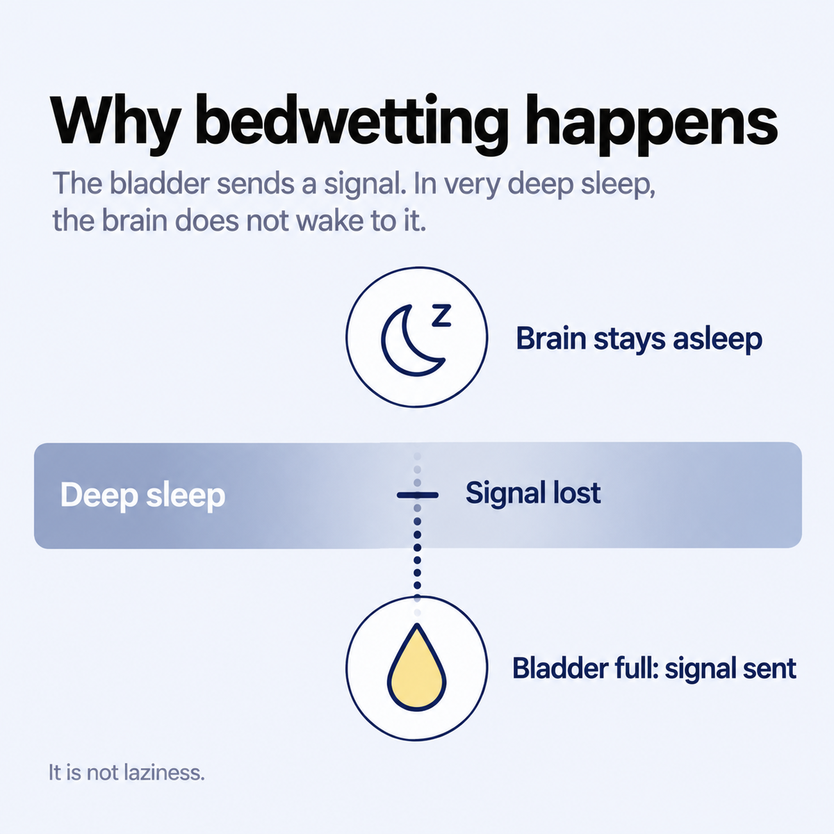 Diagram: the bladder's full signal fading out before it reaches a deeply sleeping brain